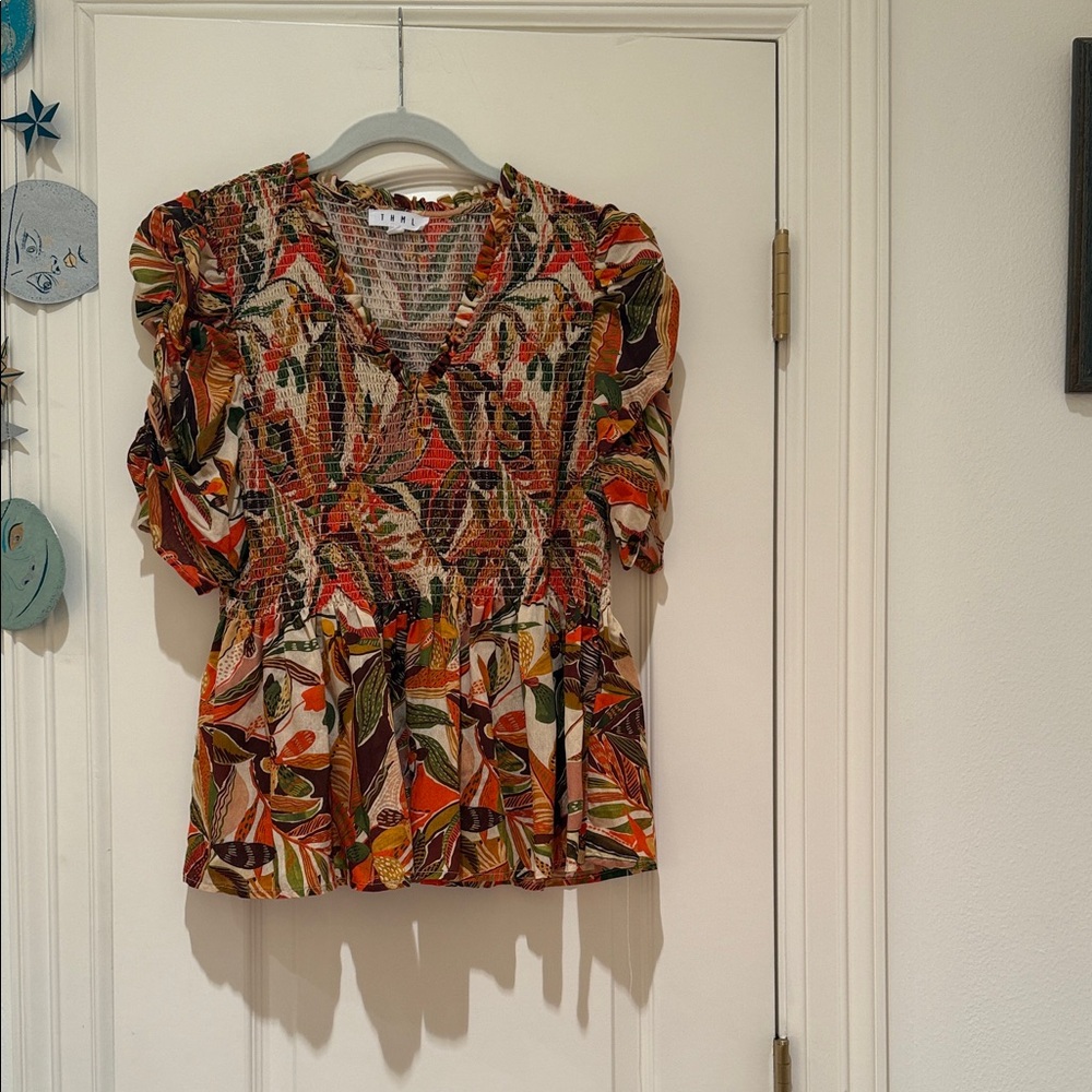THML Multicolor Leaf Print V-Neck Blouse